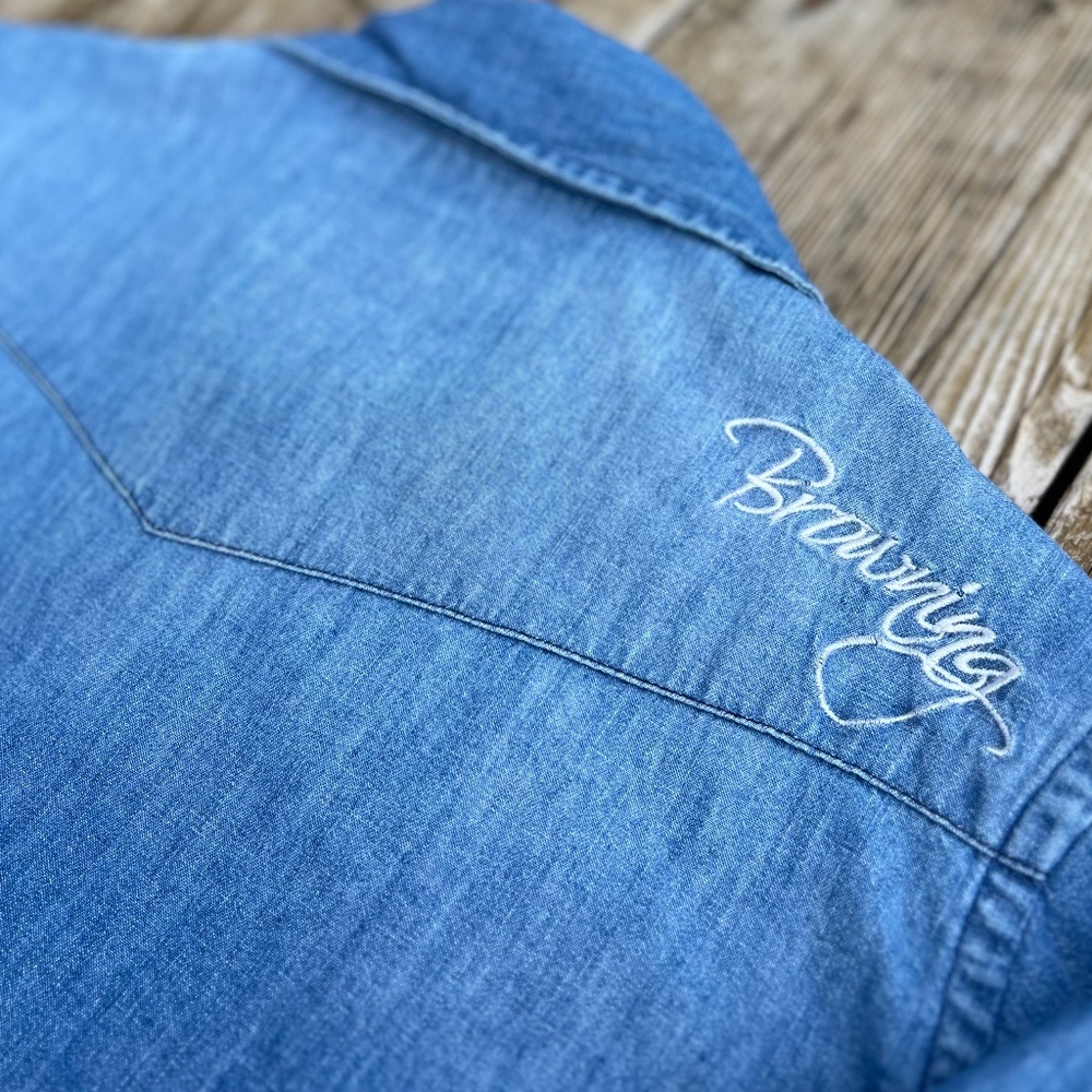 Browning Denim Shirt Authentic Pearl Snaps Embroidery Topstitching Women's M - Picture 6 of 9